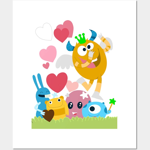 Cute monsters group in love with pink heart. Wall Art by 9georgeDoodle